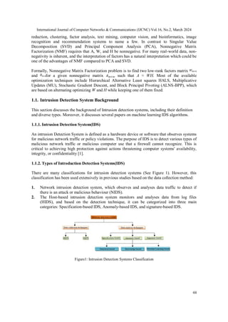 International Journal of Computer Networks & Communications (IJCNC) Vol.16, No.2, March 2024
44
reduction, clustering, factor analysis, text mining, computer vision, and bioinformatics, image
recognition and recommendation systems to name a few. In contrast to Singular Value
Decomposition (SVD) and Principal Component Analysis (PCA), Nonnegative Matrix
Factorization (NMF) requires that A, W, and H be nonnegative. For many real-world data, non-
negativity is inherent, and the interpretation of factors has a natural interpretation which could be
one of the advantages of NMF compared to PCA and SVD.
Formally, Nonnegative Matrix Factorization problem is to find two low-rank factors matrix
and for a given nonnegative matrix , such that A ≈ WH. Most of the available
optimization techniques include Hierarchical Alternative Least squares HALS, Multiplicative
Updates (MU), Stochastic Gradient Descent, and Block Principal Pivoting (ALNS-BPP), which
are based on alternating optimizing W and H while keeping one of them fixed.
1.1. Intrusion Detection System Background
This section discusses the background of Intrusion detection systems, including their definition
and diverse types. Moreover, it discusses several papers on machine learning IDS algorithms.
1.1.1. Intrusion Detection System(IDS)
An intrusion Detection System is defined as a hardware device or software that observes systems
for malicious network traffic or policy violations. The purpose of IDS is to detect various types of
malicious network traffic or malicious computer use that a firewall cannot recognize. This is
critical to achieving high protection against actions threatening computer systems' availability,
integrity, or confidentiality [1].
1.1.2. Types of Introduction Detection Systems(IDS)
There are many classifications for intrusion detection systems (See Figure 1). However, this
classification has been used extensively in previous studies based on the data collection method:
1. Network intrusion detection system, which observes and analyses data traffic to detect if
there is an attack or malicious behaviour (NIDS).
2. The Host-based intrusion detection system monitors and analyses data from log files
(HIDS), and based on the detection technique, it can be categorized into three main
categories: Specification-based IDS, Anomaly-based IDS, and signature-based IDS.
Figure1: Intrusion Detection Systems Classification
 