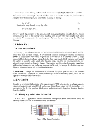 International Journal of Computer Networks & Communications (IJCNC) Vol.16, No.2, March 2024
48
Now if we have a new sample let’s call it and we want to check if it matches one or more of the
samples from the training set, we compute the encoding of it using :
Now we check the similarity of this encoding with every encoding that existed in H. The closest
match (sample class) is that sample whose encoding is the closest to the new sample (multi-class
detection). We can determine the matching score between the encodings using the following
formula:
2.3. Related Work
2.3.1. Serial NMF-based IDS
X. Guan in [7] presented an efficient and fast anomalous intrusion detection model that includes
many data from different sources. A new method based on non-negative matrix factorization
(NMF) is discussed to characterize program and user behaviors in a computer system. A large
amount of high-dimensional data was collected in their experiments. NMF was used and reduced
the vectors to a smaller vector length after that, any simple classifier can be implemented in low
dimension data instead of the entire dataset. After getting low dimension features the model can
differentiate between normal traffic and abnormal traffic easily by using a threshold, so any user
behavior on that threshold will be considered an attack.
Limitations: Although the implemented NMF-based IDS gives good accuracy, the datasets
were nonstandard. Moreover, the threshold technique used in the testing phase could not be
applied to multi-class network attacks.
2.3.2. Parallel NMF
In order to overcome the limitation of low performance NMF when applied to a larger dataset.
scientists have proposed parallel NMF and applied it in different ways, we will discuss here two
approaches, the first is based on MapReduce, and the second is based on Message Passing
Interface (MPI).
2.3.2.1. Hadoop Map Reduce based Parallel NMF
Yin et al., 2018 [12] proposed scalable distributed Nonnegative Matrix Factorization based on
Hadoop Map Reduce for different application. See Figure 2.
Figure 2: Map Reduce Applications
 