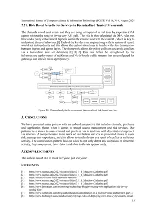 International Journal of Computer Science & Information Technology (IJCSIT) Vol 16, No 4, August 2024
13
2.21. Risk Based Interdiction Services in Decentralized Trusted Framework
The channels would emit events and they are being introspected in real time by respective OPA
agents without the need to invoke any API calls. The risk is then calculated via OPA rules run
time and a policy enforcement happens within the channel and with the context , which is key to
understand the user behaviour.[9] Each of the key decision engine along with its system of record
would act independently and this allows the orchestration layer to handle with clear demarcation
between ingress and egress layers. The framework allows for policy collision and avoid conflicts
via a hierarchical rule set definition[10][11[12] This can further be strengthened by the
infrastructure deployments of red/Green and North/South traffic patterns that are configured for
gateways and service mesh appropriately.
Figure 20. Channel and platform trust and decentralized risk-based services
3. CONCLUSIONS
We have presented many patterns with an end-end perspective that includes channels, platforms
and Application planes when it comes to trusted access management and risk services. Our
patterns have shown to asses channel and platform risk in real time with decentralized approach
via sidecars. A comprehensive frame work of interdiction services as presented allows to asses
risk, manage user experience, and also allows to handle threats as a result of conflict or malicious
activity. The authorization patterns laid out allow to not only detect any suspicious or abnormal
activity, they also prevent, deter, detect and allow to threats appropriately.
ACKNOWLEDGEMENTS
The authors would like to thank everyone, just everyone!
REFERENCES
[1] https://www.sacmat.org/2023/resource/slides/3_1_1_MeadowsCatherine.pdf
[2] https://www.sacmat.org/2023/resource/slides/3_1_1_MeadowsCatherine.pdf
[3] https://nordlayer.com/learn/zero-trust/benefits/
[4] https://www.sacmat.org/2023/resource/slides/3_1_1_MeadowsCatherine.pdf
[5] https://www.sacmat.org/2023/resource/slides/3_1_1_MeadowsCatherine.pdf
[6] https://www.jpmorgan.com/technology/technology-blog/protecting-web-applications-via-envoy-
oauth2-filter
[7] https://www.softensity.com/blog/authentication-authorization-in-a-microservices-architecture- part-3/
[8] https://www.techtarget.com/searchsecurity/tip/Top-risks-of-deploying-zero-trust-cybersecurity-model
 