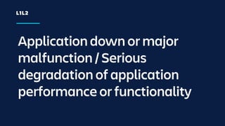 Application down or major
malfunction / Serious
degradation of application
performance or functionality
L1L2
 