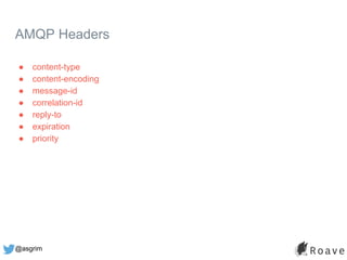 @asgrim
AMQP Headers
● content-type
● content-encoding
● message-id
● correlation-id
● reply-to
● expiration
● priority
 