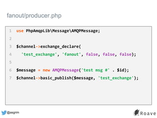 @asgrim
fanout/producer.php
1 use PhpAmqpLibMessageAMQPMessage;
2
3 $channel->exchange_declare(
4 'test_exchange', 'fanout', false, false, false);
5
6 $message = new AMQPMessage('test msg #' . $id);
7 $channel->basic_publish($message, 'test_exchange');
 