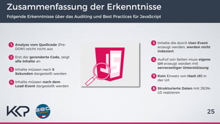 Zusammenfassung der Erkenntnisse
Folgende Erkenntnisse über das Auditing und Best Practices für JavaScript
25
1. Analyse vom Quellcode (Pre-
DOM) reicht nicht aus
2. Erst der gerenderte Code, zeigt
alle Inhalte an
3. Inhalte müssen nach 5
Sekunden dargestellt werden
4. Inhalte müssen nach dem
Load-Event dargestellt werden
5. Inhalte die durch User-Event
erzeugt werden, werden nicht
indexiert
6. Aufruf von Seiten muss eigene
Url erzeugt werden mit
serverseitiger Unterstützung
7. Kein Einsatz von Hash (#) in
der Url
8. Strukturierte Daten mit JSON-
LD realsieren
 