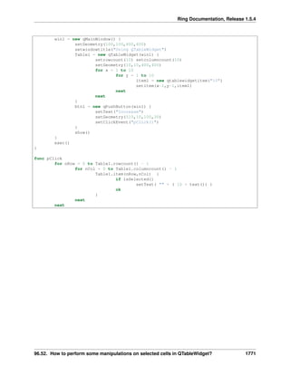 Ring Documentation, Release 1.5.4
win1 = new qMainWindow() {
setGeometry(100,100,800,600)
setwindowtitle("Using QTableWidget")
Table1 = new qTableWidget(win1) {
setrowcount(10) setcolumncount(10)
setGeometry(10,10,400,400)
for x = 1 to 10
for y = 1 to 10
item1 = new qtablewidgetitem("10")
setitem(x-1,y-1,item1)
next
next
}
btn1 = new qPushButton(win1) {
setText("Increase")
setGeometry(510,10,100,30)
setClickEvent("pClick()")
}
show()
}
exec()
}
func pClick
for nRow = 0 to Table1.rowcount() - 1
for nCol = 0 to Table1.columncount() - 1
Table1.item(nRow,nCol) {
if isSelected()
setText( "" + ( 10 + text()) )
ok
}
next
next
96.52. How to perform some manipulations on selected cells in QTableWidget? 1771
 