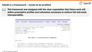 © 2017 by Nat Sakimura. CC-BY-SA.
Copyright © 2016 Nat Sakimura. All Rights Reserved.
2
OAuth is a framework – needs to be profiled
This framework was designed with the clear expectation that future work will
define prescriptive profiles and extensions necessary to achieve full web-scale
interoperability.
“
 