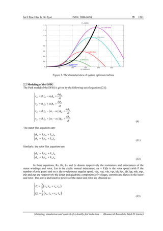 Int J Pow Elec & Dri Syst ISSN: 2088-8694 
Modeling, simulation and control of a doubly-fed induction … (Boumerid Bensahila Med El Amine)
1201
Figure 3. The characteristics of system optimum turbine
2.2 Modeling of the DFIG
The Park model of the DFIG is given by the following set of equations [21]:
( )
( )
ds
ds s ds s qs
qs
qs s qs s ds
dr
dr r dr s r qr
qr
qr r qr s r dr
d
v R i
dt
d
v R i
dt
d
v R i
dt
d
v R i
dt

 

 

  

  

= − +



= + +



 = − − +


 = + − +

 (9)
The stator flux equations are:
ds s ds m dr
qs s qs m qr
L i L i
L i L i


= +



= +

 (11)
Similarly, the rotor flux equations are:
dr r dr m ds
qr r qr m qs
L i L i
L i L i


= +



= +

 (12)
In these equations, Rs, Rr, Ls and Lr denote respectively the resistances and inductances of the
stator windings and rotor, Lm is the cyclic mutual inductance, ωr = P.Ωr is the rotor speed (with P the
number of pole pairs) and ωs is the synchronous angular speed. vds, vqs, vdr, vqr, ids, iqs, idr, iqr, øds, øqs,
ødr and øqr are respectively the direct and quadratic components of voltages, currents and fluxes in the stator
and rotor. The active and reactive powers of the stator and rotor are obtained as:
( )
( )
3
. .
2
3
. .
2
s ds ds qs qs
s qs ds ds qs
P v i v i
Q v i v i

= +



 = −

 (13)
 