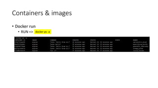 Containers & images
• Docker run
• RUN => docker ps -a
 