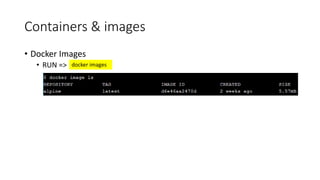 Containers & images
• Docker Images
• RUN => docker images
 