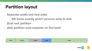 Separate rootfs and root state
We know exactly which services write to disk
Dual root partition
data partition auto-expands on first boot
Partition layout
rootA databoot rootB state
 