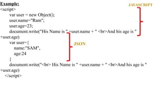 Example:
<script>
var user = new Object();
user.name="Ram";
user.age=23;
document.write("His Name is " +user.name + " <br>And his age is "
+user.age)
var user={
name:"SAM",
age:24
}
document.write("<br> His Name is " +user.name + " <br>And his age is "
+user.age)
</script>
JAVASCRIPT
JSON
 