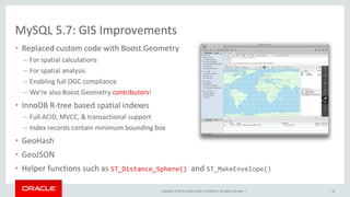 Copyright © 2015, Oracle and/or its affiliates. All rights reserved. |
• Replaced custom code with Boost.Geometry
– For spatial calculations
– For spatial analysis
– Enabling full OGC compliance
– We’re also Boost.Geometry contributors!
• InnoDB R-tree based spatial indexes
– Full ACID, MVCC, & transactional support
– Index records contain minimum bounding box
• GeoHash
• GeoJSON
• Helper functions such as ST_Distance_Sphere() and ST_MakeEnvelope()
MySQL 5.7: GIS Improvements
16
 