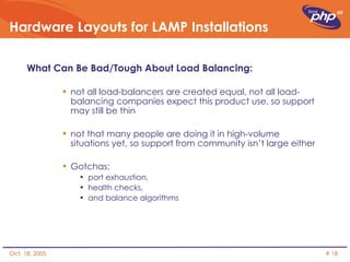 Hardware Layouts for LAMP Installations What Can Be Bad/Tough About Load Balancing:  not all load-balancers are created equal, not all load-balancing companies expect this product use, so support may still be thin not that many people are doing it in high-volume situations yet, so support from community isn’t large either Gotchas:  port exhaustion,  health checks,  and balance algorithms 