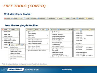 FREE TOOLS (CONT’D) Free Firefox plug-in toolbar Web developer toolbar Web developer toolbar: chrispederick.com/work/web-developer 