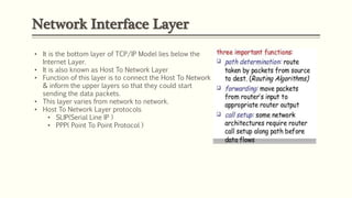 Network Interface Layer
• It is the bottom layer of TCP/IP Model lies below the
Internet Layer.
• It is also known as Host To Network Layer
• Function of this layer is to connect the Host To Network
& inform the upper layers so that they could start
sending the data packets.
• This layer varies from network to network.
• Host To Network Layer protocols
• SLIP(Serial Line IP )
• PPP( Point To Point Protocol )
 