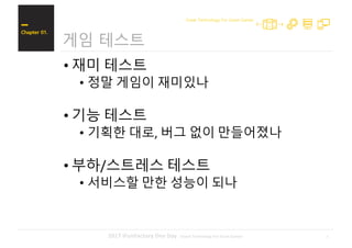 42017	iFunFactory	Dev	Day		-Great	Technology	For	Great	Games-
게임 테스트
Chapter 01.
Great Technology For Great Games
• 재미 테스트
• 정말 게임이 재미있나
• 기능 테스트
• 기획한 대로, 버그 없이 만들어졌나
• 부하/스트레스 테스트
• 서비스할 만한 성능이 되나
 