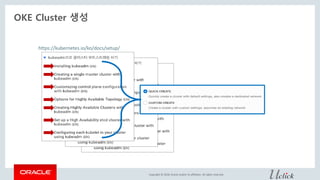 Copyright © 2018, Oracle and/or its affiliates. All rights reserved.
OKE Cluster 생성
https://kubernetes.io/ko/docs/setup/
 