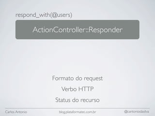 respond_with(@users)

                 ActionController::Responder




                      Formato do request
                         Verbo HTTP
                       Status do recurso
Carlos Antonio          blog.plataformatec.com.br   @cantoniodasilva
 