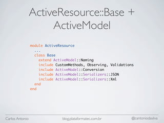 ActiveResource::Base +
                      ActiveModel
                 module ActiveResource
                   ...
                   class Base
                     extend ActiveModel::Naming
                     include CustomMethods, Observing, Validations
                     include ActiveModel::Conversion
                     include ActiveModel::Serializers::JSON
                     include ActiveModel::Serializers::Xml
                   end
                 end




Carlos Antonio                  blog.plataformatec.com.br        @cantoniodasilva
 