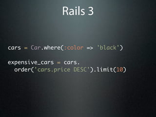 Rails 3

cars = Car.where(:color => 'black')

expensive_cars = cars.
  order('cars.price DESC').limit(10)
 