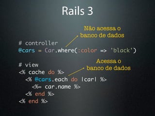 Rails 3
                   Não acessa o
                  banco de dados
# controller
@cars = Car.where(:color => 'black')
                       Acessa o
# view
                    banco de dados
<% cache do %>
  <% @cars.each do |car| %>
    <%= car.name %>
  <% end %>
<% end %>
 