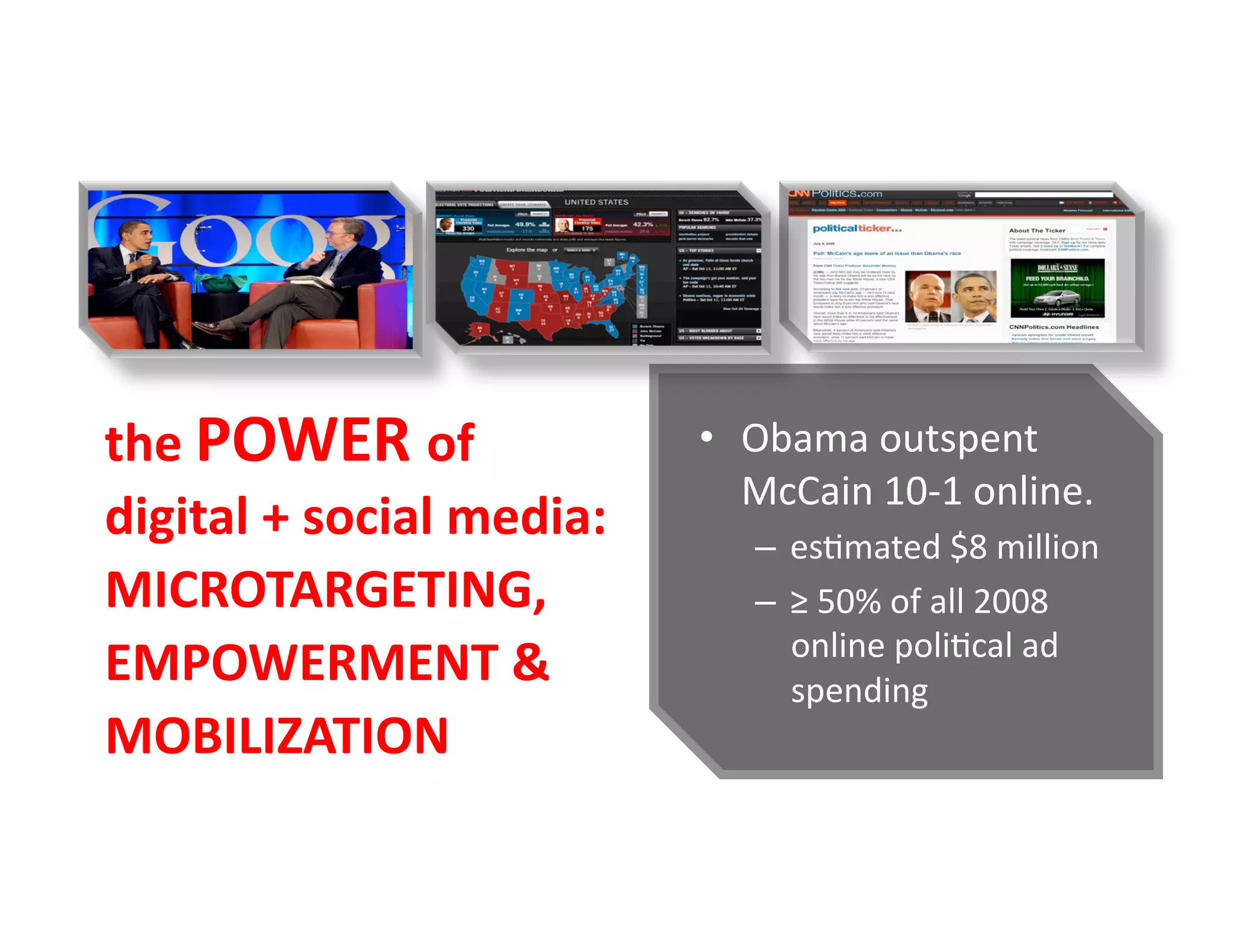 the	
  POWER	
  of	
                   •  Obama	
  outspent	
  
                                          McCain	
  10-­‐1	
  online.	
  
digital	
  +	
  social	
  media:	
         –  esUmated	
  $8	
  million	
  
MICROTARGETING,	
                          –  ≥	
  50%	
  of	
  all	
  2008	
  
                                              online	
  poliUcal	
  ad	
  
EMPOWERMENT	
  &	
                            spending	
  
MOBILIZATION	
  
 
