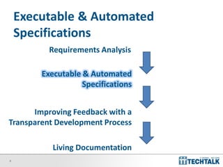 Executable & Automated
    Specifications
          Requirements Analysis

        Executable & Automated
                   Specifications


      Improving Feedback with a
Transparent Development Process

           Living Documentation
9
 