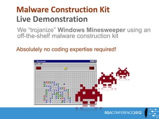 Malware Construction Kit
Live Demonstration
We “trojanize” Windows Minesweeper using an
off-the-shelf malware construction kit

Absolutely no coding expertise required!
 