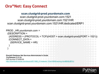 Ora*Net: Easy Connect
                 scan.clustgrid-prod.yourdomain.com
                scan.clustgrid-prod.yourdomain.com:1521
              scan.clustgrid-prod.yourdomain.com:1521/HR
      scan.clustgrid-prod.yourdomain.com:1521/HR:dedicated/ERP1

     PROD _HR.yourdomain.com =
      (DESCRIPTION =
        (ADDRESS = (PROTOCOL = TCP)(HOST = scan.clustgrid-prod)(PORT = 1521))
        (CONNECT_DATA =
          (SERVICE_NAME = HR)
        )
      )

     Oracle® Database Net Services Administrator's Guide
     11g Release 2 (11.2)
     Part Number E10836-06
     http://download.oracle.com/docs/cd/E11882_01/network.112/e10836/naming.htm#BABJBFHJ




15                                                © 2009/2010 Pythian
 