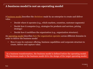 A business model is not an operating model



A business model describes the decisions made by an enterprise to create and deliver
value
      •   Decide where it operates (e.g., which markets, countries, customer segments)
      •   Decide how it competes (e.g., strategies for products and services, pricing
          strategy)
      •   Decide how it mobilizes the organization (e.g., organization structure).
An operating model describes how the organization operates across different domains in
order to deliver the business model
  •   How it uses its customer offering, business capabilities and corporate structure to
      create, deliver and capture value.



In a business transformation, the business model is defined before the operating model.
The decisions made in the business model drive the design of the target operating model.


                                                                                        7/17/2012
PwC                                                                                             5
 