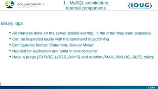 1 - MySQL architecture
                                    Internal components


Binary logs

    • All changes done on the server (called events), in the order they were executed.
    • Can be inspected easily with the command mysqlbinlog
    • Configurable format: Statement, Row or Mixed
    • Needed for replication and point in time recovery
    • Have a purge (EXPIRE_LOGS_DAYS) and rotation (MAX_BINLOG_SIZE) policy




                                                                                   12/54
 