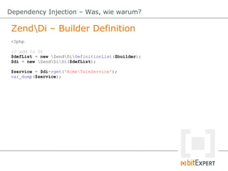 ZendDi – Builder Definition
Dependency Injection – Was, wie warum?
<?php
// add to Di
$defList = new ZendDiDefinitionList($builder);
$di = new ZendDiDi($defList);
$service = $di->get('AcmeTalkService');
var_dump($service);
 