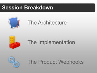Session Breakdown

        The Architecture


        The Implementation


        The Product Webhooks
 