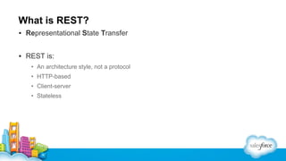 What is REST?
▪ Representational State Transfer
▪ REST is:
• An architecture style, not a protocol
• HTTP-based
• Client-server
• Stateless

 
