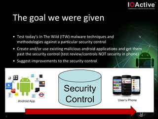 The goal we were given
• Test today’s In The Wild (ITW) malware techniques and
methodologies against a particular security control
• Create and/or use existing malicious android applications and get them
past the security control (test review/controls NOT security in phone)
• Suggest improvements to the security control
5
Security
Control
Android App User’s Phone
 