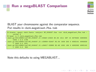 Run a megaBLAST Comparison
BLAST your chromosome against the comparator sequence.
Put results in chrA megablast Pba.tab
1 $ blastn -query chrA.fasta -subject NC_004547.fna -out chrA_megablast_Pba .tab -
outfmt 6
2 $ head -n 3 chrA_megablast_Pba .tab
3 chrA gi |50118965| ref|NC_004547 .2|:10948 -12453 80.34 1511 287 10 4579450 4580955
1506 1 0.0 1136
4 chrA gi |50118965| ref|NC_004547 .2|: c33859 -32447 82.04 1409 253 0 4563151 4564559
1 1409 0.0 1201
5 chrA gi |50118965| ref|NC_004547 .2|: c34917 -33868 82.48 1050 184 0 4562093 4563142
1 1050 0.0 920
Note this defaults to using MEGABLAST...
 