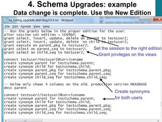 50
4. Schema Upgrades: example
Data change is complete. Use the New Edition
Set the session to the right edition
Grant privileges on the views
Create synonyms
for both users
 