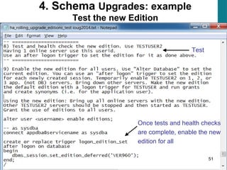 51
4. Schema Upgrades: example
Test the new Edition
Test
Once tests and health checks
are complete, enable the new
edition for all
 