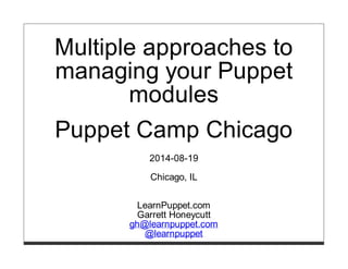 Multiple approaches to
managing your Puppet
modules
Puppet Camp Chicago
2014-08-19
Chicago, IL
LearnPuppet.com
Garrett Honeycutt
gh@learnpuppet.com
@learnpuppet
 