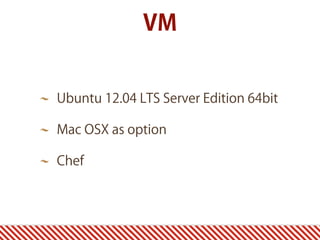 Ubuntu 12.04 LTS Server Edition 64bit
Mac OSX as option
Chef
VM
 