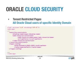 ORACLE CLOUD SECURITY 
‣ Tenant Restricted Pages 
All Oracle Cloud users of specific Identity Domain 
<?xml version='1.0' encoding='UTF-8'?> 
<web-app> 
... 
<security-constraint> 
<display-name>name</display-name> 
<web-resource-collection> 
<web-resource-name>name</web-resource-name> 
<url-pattern>/*</url-pattern> 
DOAG 2014, Nürnberg, Andreas Koop 
29 
</web-resource-collection> 
</security-constraint> 
<login-config> 
<auth-method>CLIENT-CERT</auth-method> 
<realm-name>default</realm-name> 
</login-config> 
... 
</web-app> 
web.xml 
 