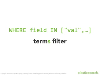 Copyright Elasticsearch 2014. Copying, publishing and/or distributing without written permission is strictly prohibited.
WHERE	
  field	
  IN	
  ["val",…]
terms ﬁlter
 