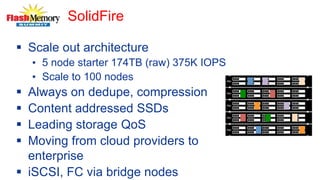 SolidFire
 Scale out architecture
• 5 node starter 174TB (raw) 375K IOPS
• Scale to 100 nodes
 Always on dedupe, compression
 Content addressed SSDs
 Leading storage QoS
 Moving from cloud providers to
enterprise
 iSCSI, FC via bridge nodes
 