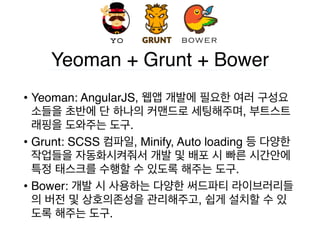 Yeoman + Grunt + Bower
• Yeoman: AngularJS, 웹앱 개발에 필요한 여러 구성요
소들을 초반에 단 하나의 커맨드로 세팅해주며, 부트스트
래핑을 도와주는 도구.
• Grunt: SCSS 컴파일, Minify, Auto loading 등 다양한
작업들을 자동화시켜줘서 개발 및 배포 시 빠른 시간안에
특정 태스크를 수행할 수 있도록 해주는 도구.
• Bower: 개발 시 사용하는 다양한 써드파티 라이브러리들
의 버전 및 상호의존성을 관리해주고, 쉽게 설치할 수 있
도록 해주는 도구.
 
