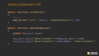 BACK TO THE PLUGIN SETUP
public function initServer()
{
if (!defined('JSON_API_VERSION') || !defined('REST_API_VERSION')) {
// return early if WP API versions do not exist
add_action('all_admin_notices', [$this, 'showError']);
return;
}
add_action('wp_json_server_before_serve', [$this, 'initEndpoints']);
add_filter('rest_url_prefix', [$this, 'changeApiBase']);
}
public function changeApiBase()
{
return 'api';
}
 
