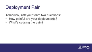 Deployment Pain
Tomorrow, ask your team two questions:
• How painful are your deployments?
• What’s causing the pain?
 