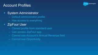 Account Profiles
 System Administrator
– Default administrator profile
– Has access to everything
 ZipFour User
– Cloned profile from standard user
– Can access ZipFour app
– Cannot see Account’s Annual Revenue field
– Cannot see Opportunity
 
