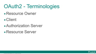 © 2016 Pivotal Software, Inc. All rights reserved.
OAuth2 - Terminologies
•Resource Owner
•Client
•Authorization Server
•Resource Server
 