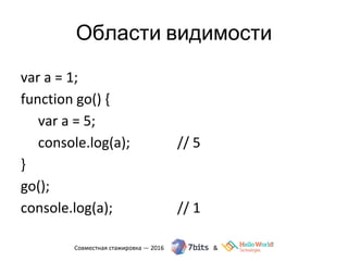 Области видимости
var a = 1;
function go() {
var a = 5;
console.log(a); // 5
}
go();
console.log(a); // 1
 