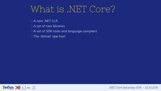 .NET Core Saturday 2016 – 22.10.2016
What is .NET Core?
◇A new .NET CLR
◇A set of new libraries
◇A set of SDK tools and language compilers
◇The 'dotnet' app host
 
