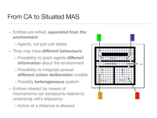 From CA to Situated MAS
– Entities are reiﬁed, separated from the
environment
– Agents, not just cell states
– They may have diﬀerent behaviours
– Possibility to grant agents diﬀerent
information about the environment
– Possibility to integrate several
diﬀerent action deliberation models
– Possibly heterogeneous system
– Entities interact by means of
mechanisms not necessarily related to
underlying cell’s adjacency
– Action at a distance is allowed
 